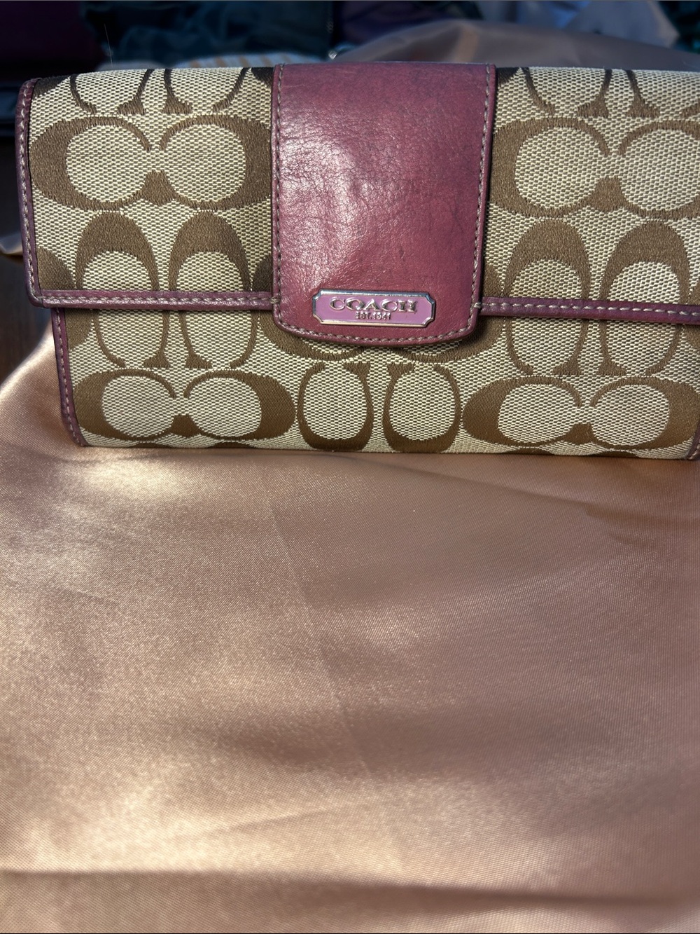 Coach Brown Signature Canvas Wallet with Pink Trim